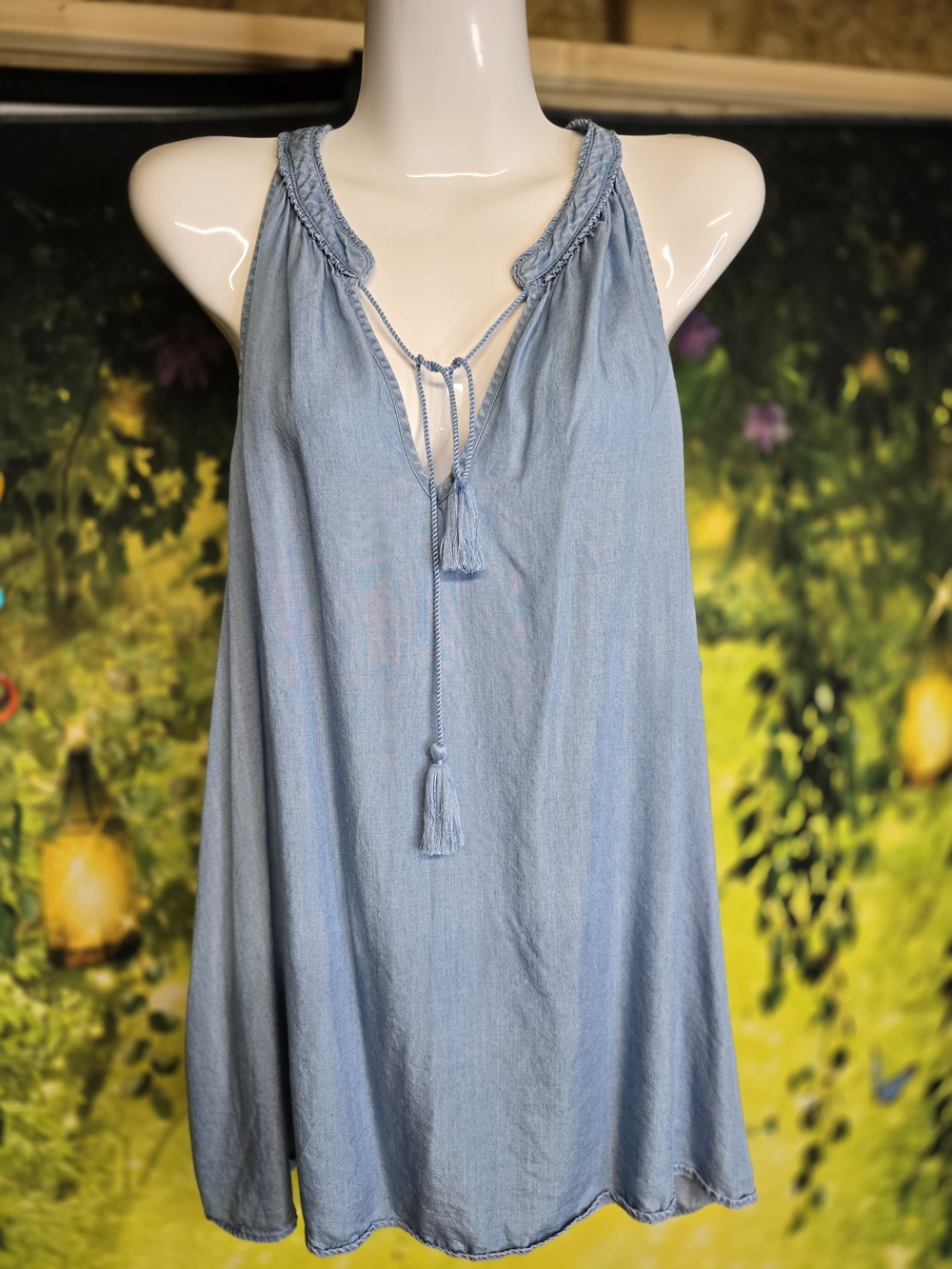#108 LC Lauren Conrad Chambray Halter Tunic in Light Blue with Tassel Tie